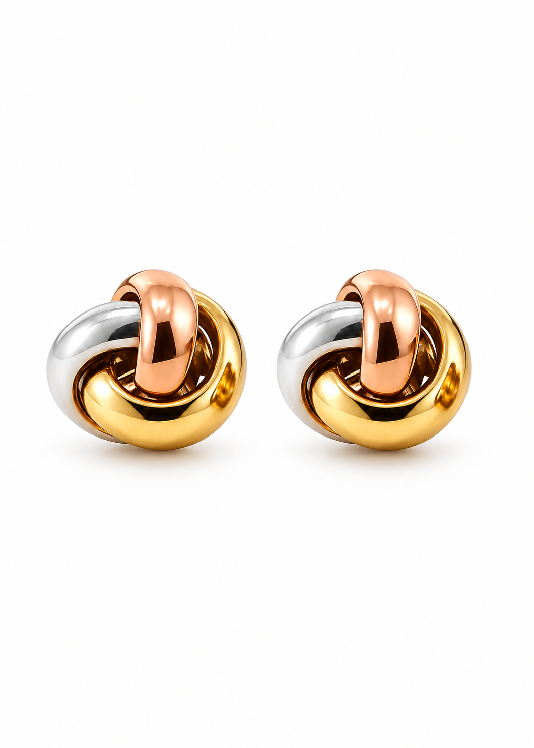 Solid Italian 18K tri-color gold Aurora Duo Studs, pair viewed from the front, on a white background.