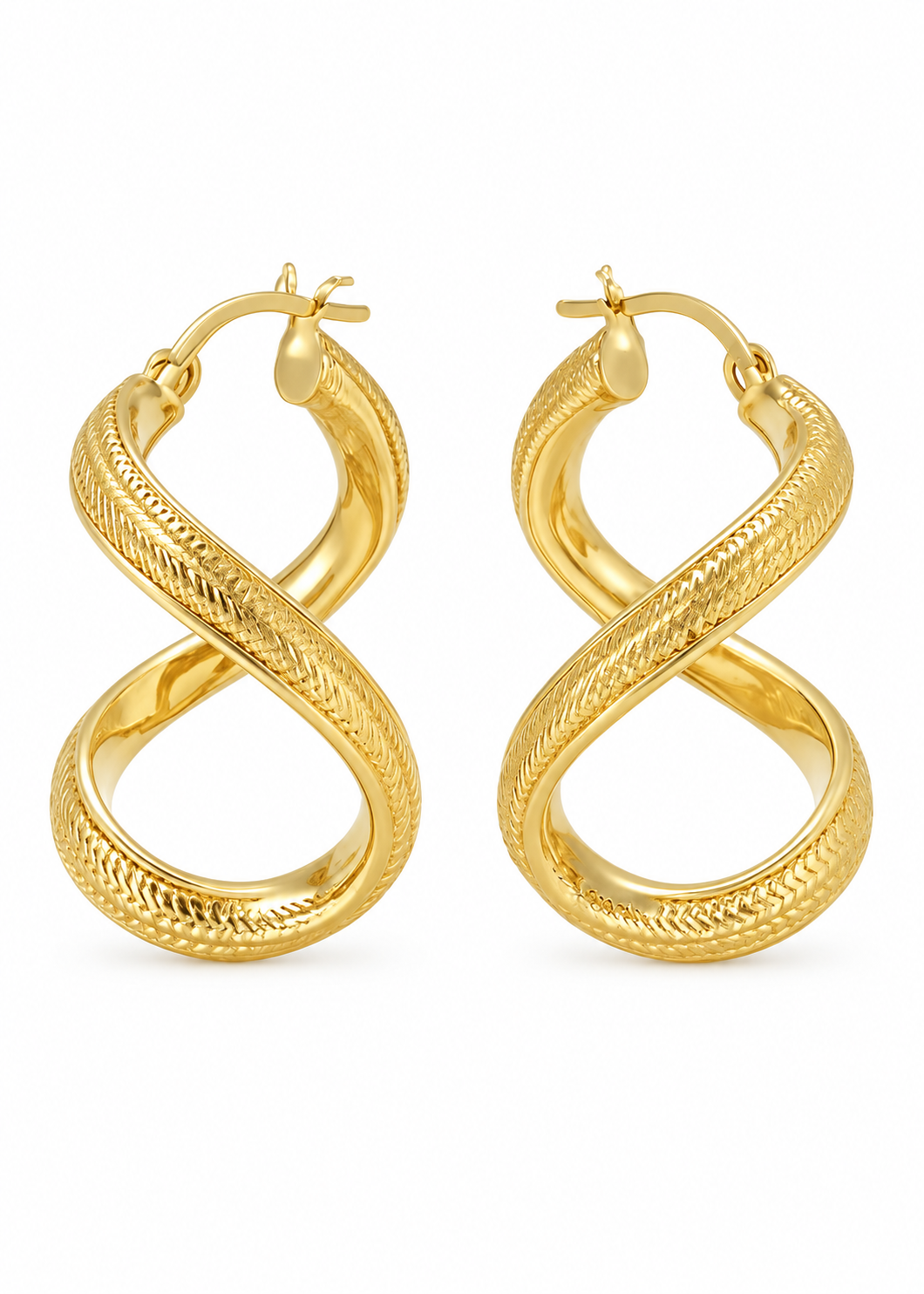 Solid Italian 18K yellow gold Fine Mesh Hoops, pair viewed from the front, on a white background.