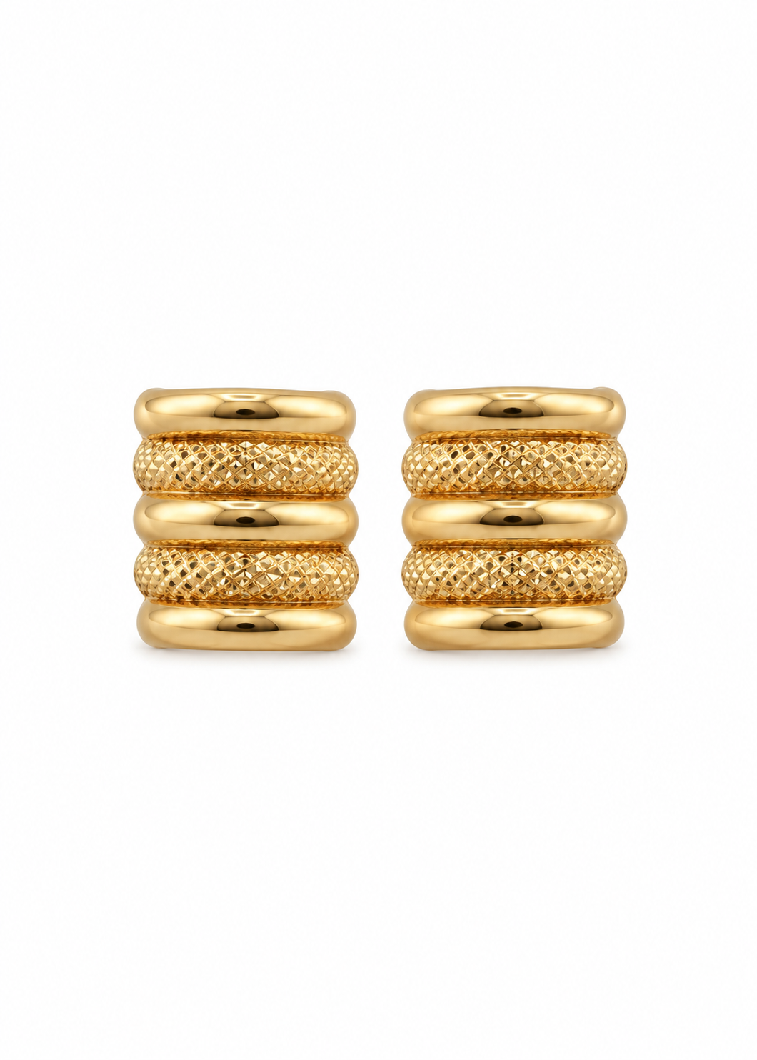 Solid Italian 18K yellow gold Feather Studs, pair viewed from the front, on a white background.