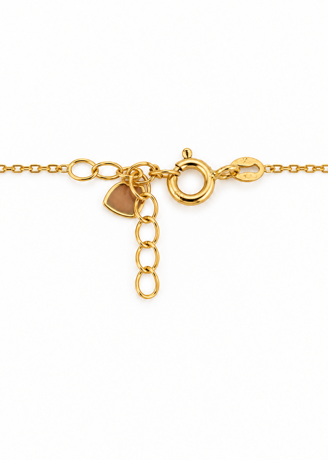 Spring ring clasp, extension links and heart tag on the Italian 18K Gold Trinity Cross Necklace.
