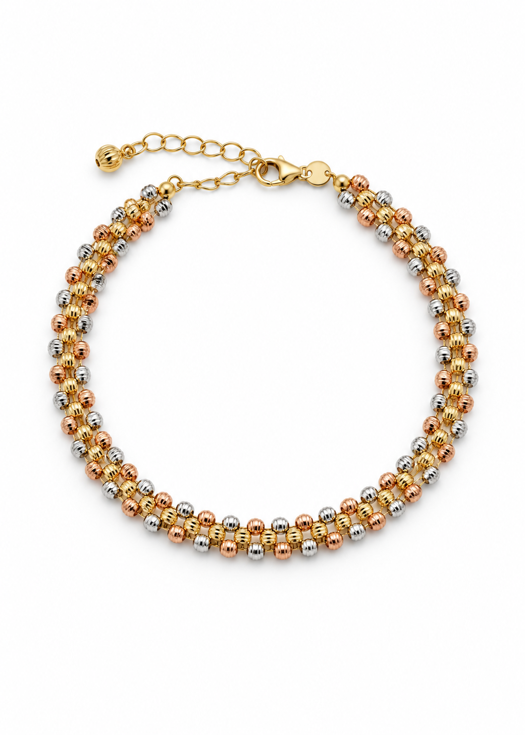 18K tri-color gold three-row ribbed bead bracelet arranged in a circular front view.