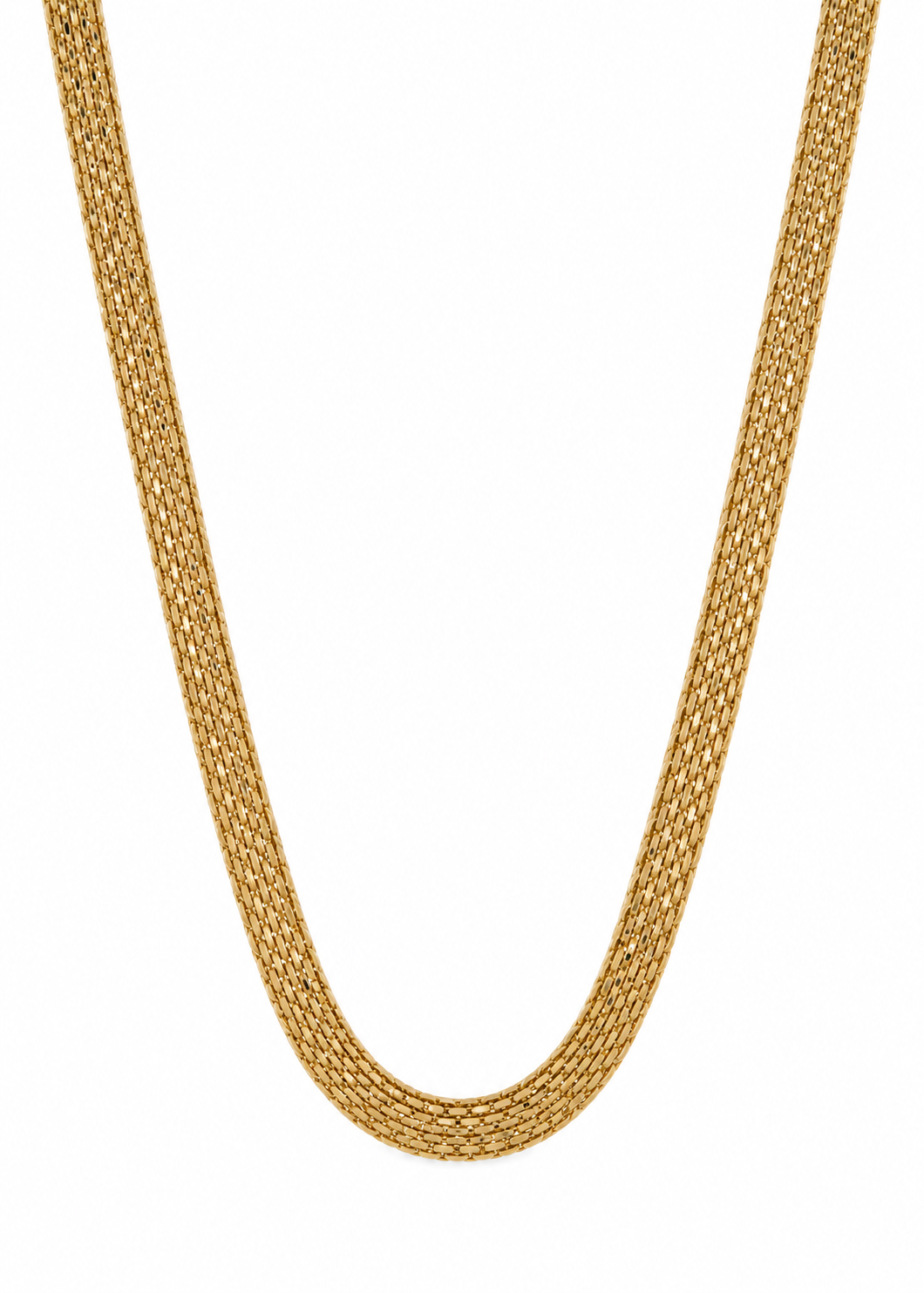 Italian 18K yellow gold Bismarck chain, 20 inches long and 7.2 mm wide, in a centered front view on white.