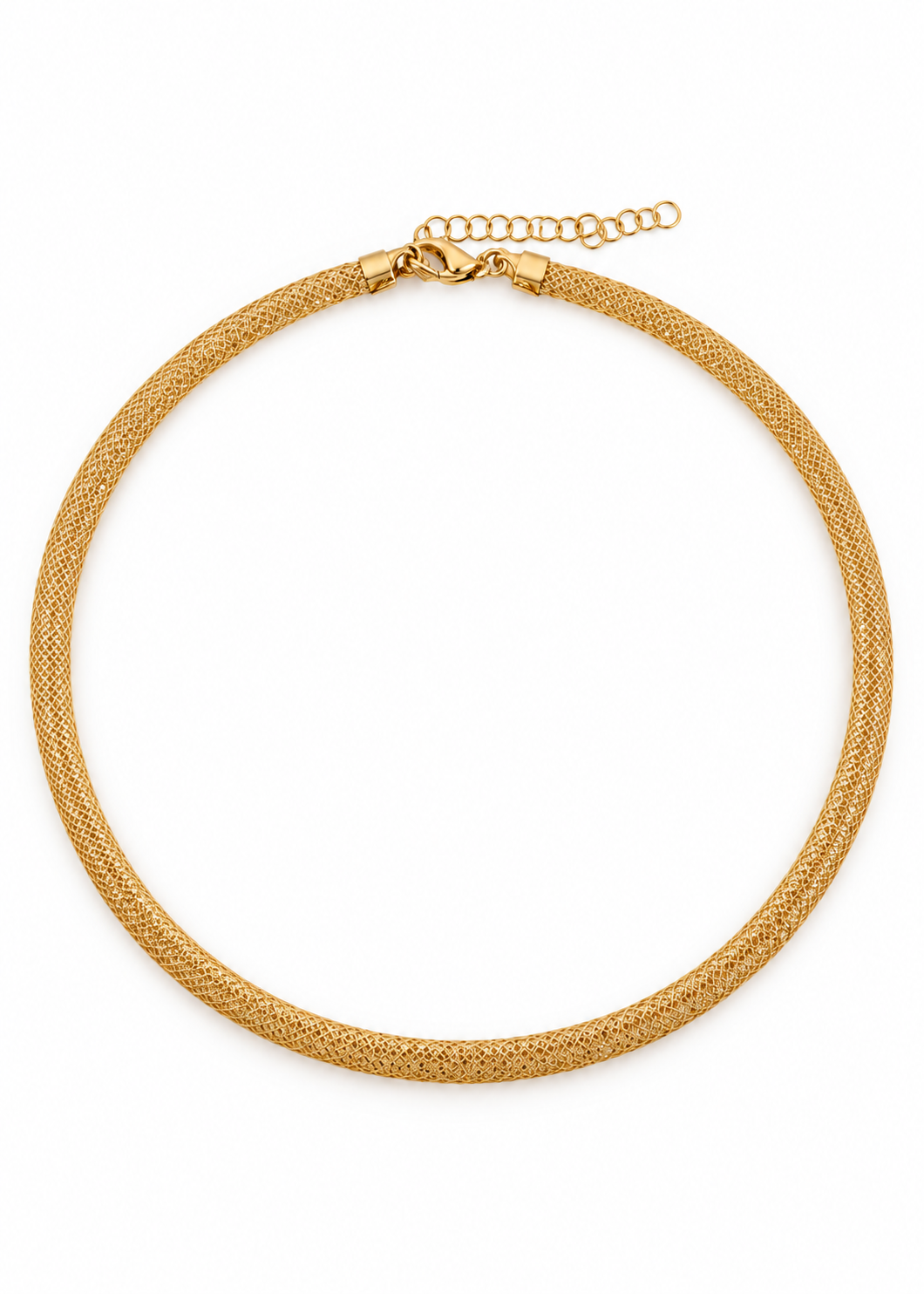 Italian 18K yellow gold mesh necklace arranged in a round shape on a white background.