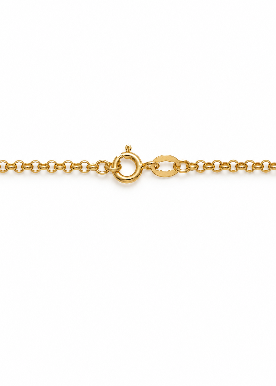 Close-up of the spring ring clasp on an Italian 18K gold Rolo Belcher chain.