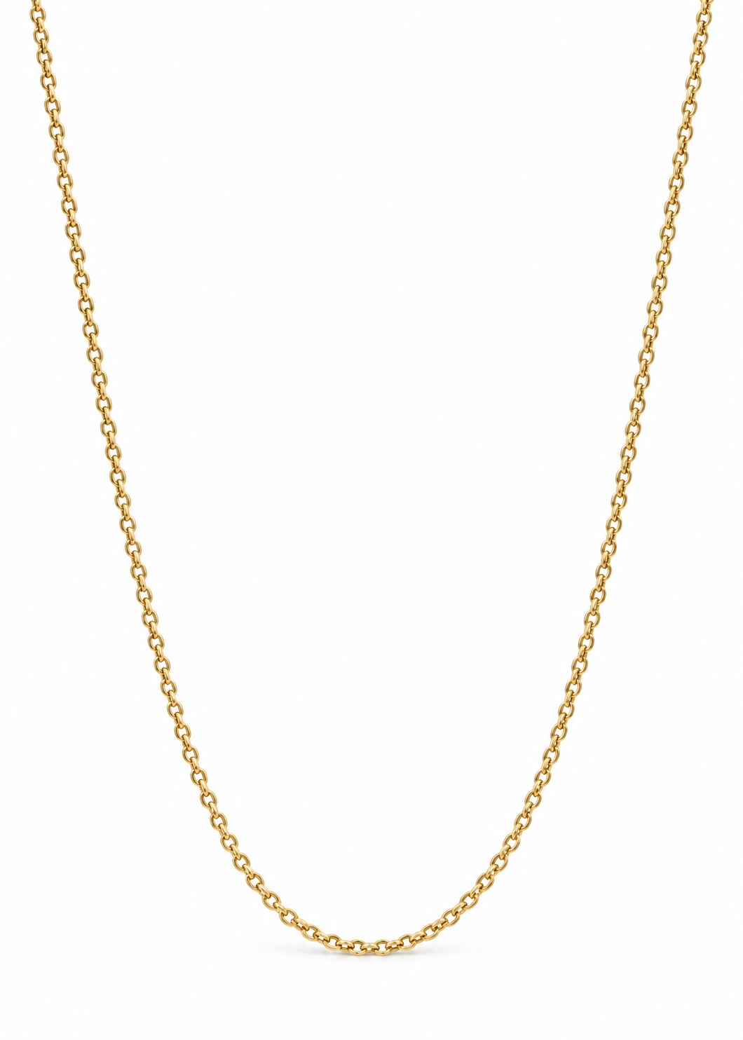 Italian 18K yellow gold Rolo Belcher chain with a delicate 1.5 mm profile hanging against a white background.
