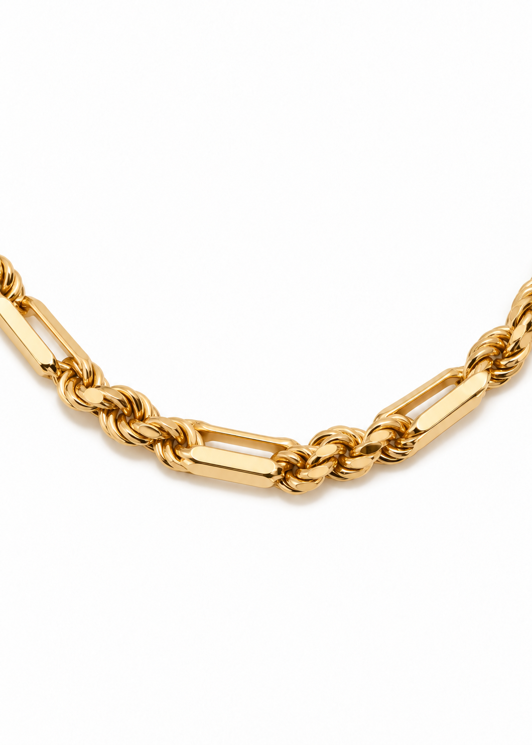 A close-up of a gold-toned bracelet featuring alternating twisted rope links and polished bar links, set against a plain white background.