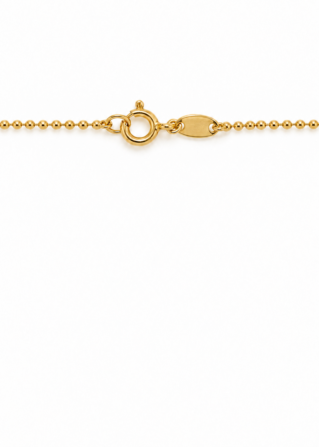 Spring ring clasp and oval terminal tag of the Italian 18K yellow gold Ball Chain.