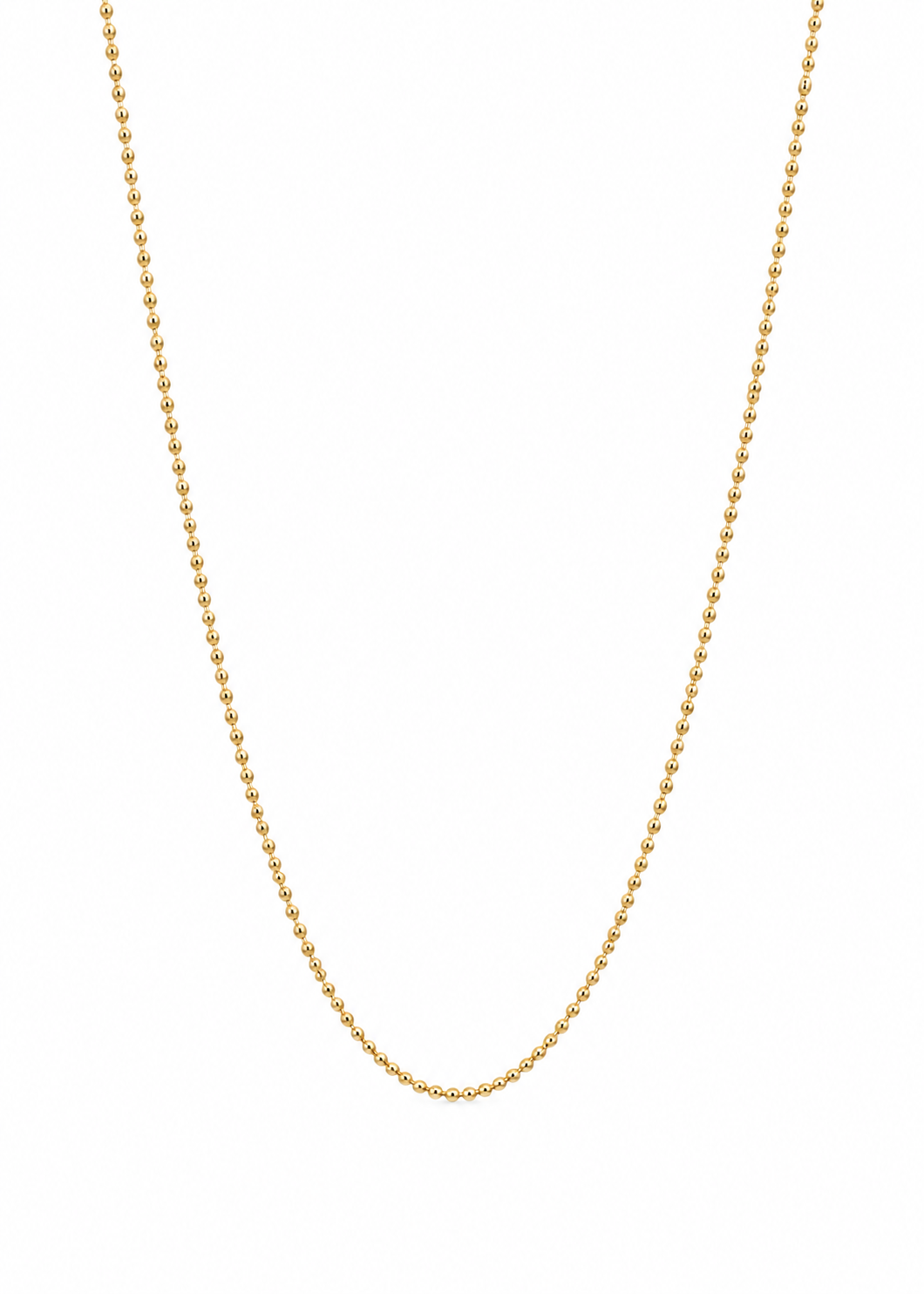 Delicate Italian 18K yellow gold Ball Chain necklace with a centered natural drape on a white background.