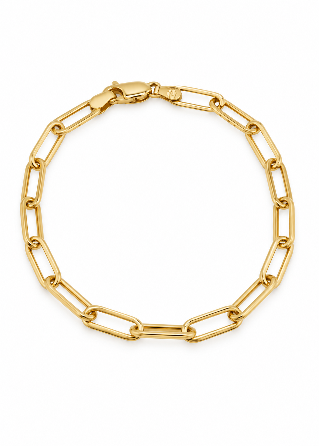 Italian 18K yellow gold Paperclip bracelet arranged in a circle, viewed from above on a white background.