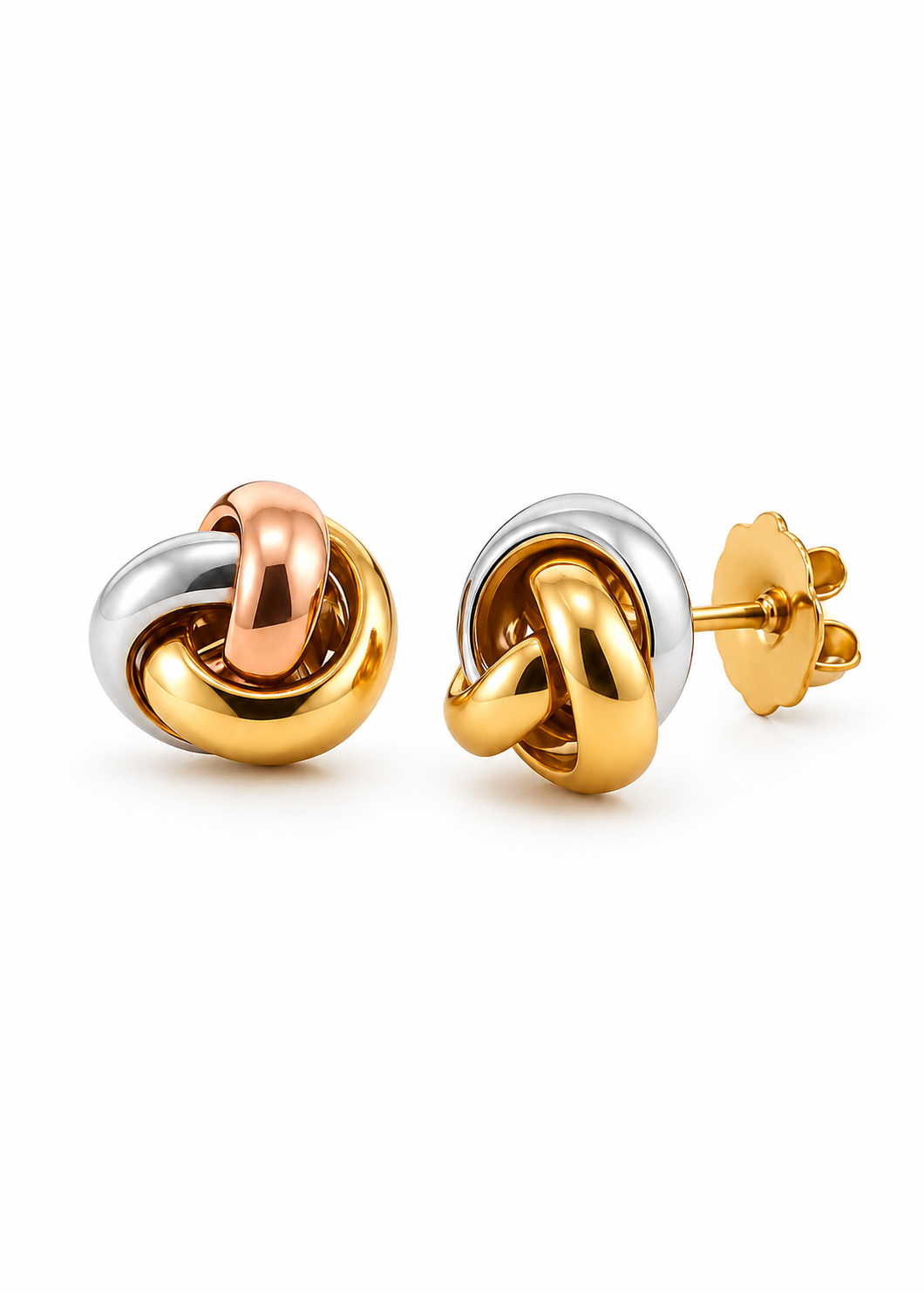 Solid Italian 18K tri-color gold Aurora Duo Studs, one earring viewed from the front and one from the side, on a white background.