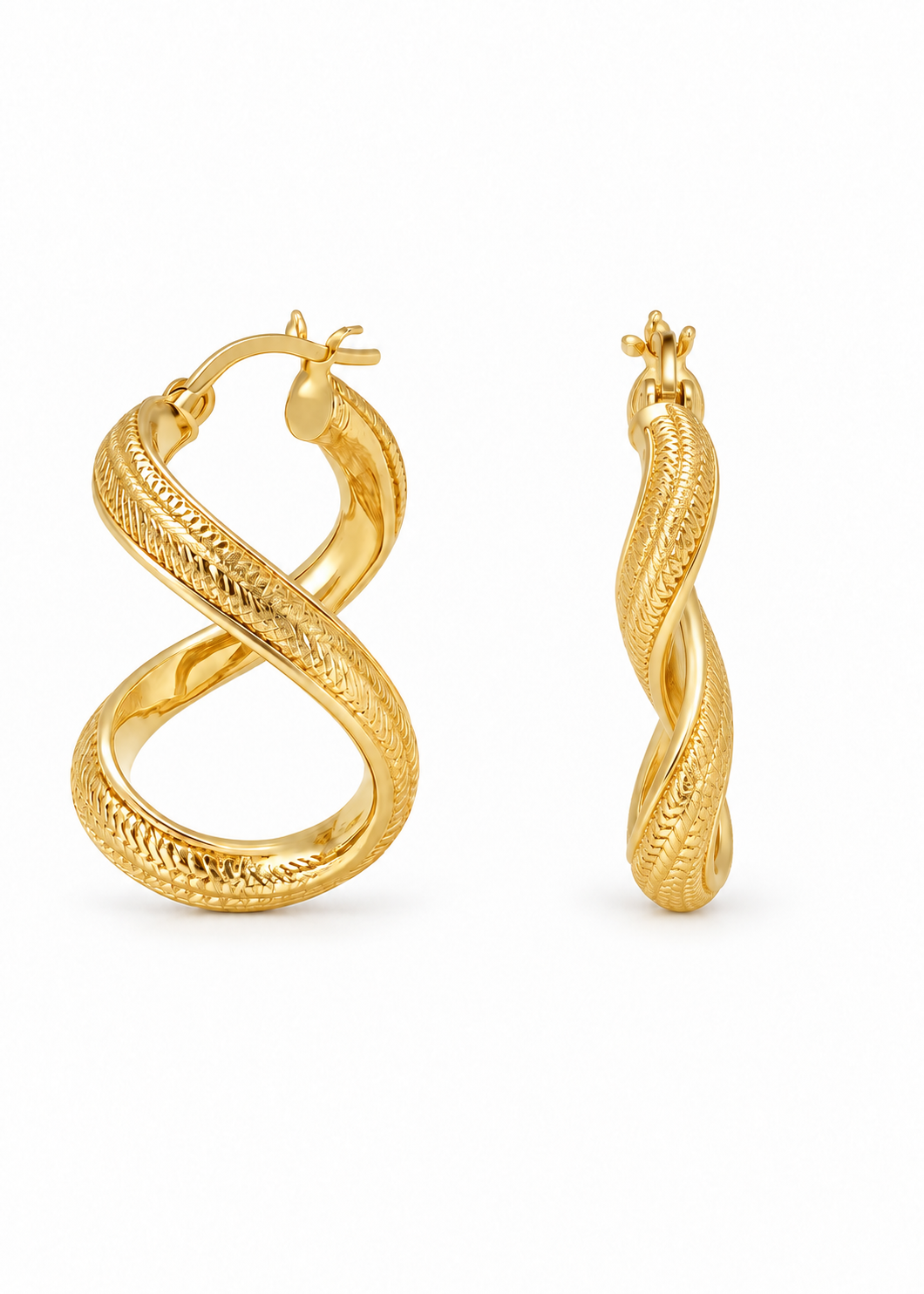 Solid Italian 18K yellow gold Fine Mesh Hoops, one earring viewed from the front and one from the side, on a white background.