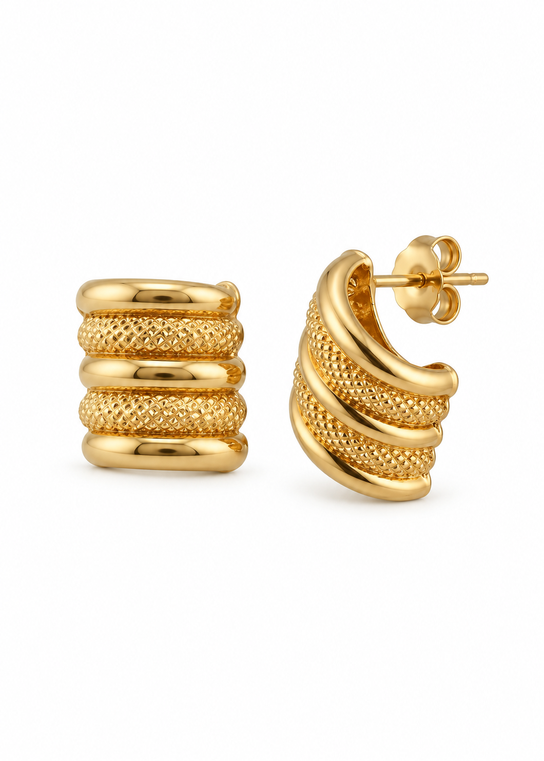 Solid Italian 18K yellow gold Feather Studs, one earring viewed from the front and one from the side, on a white background.