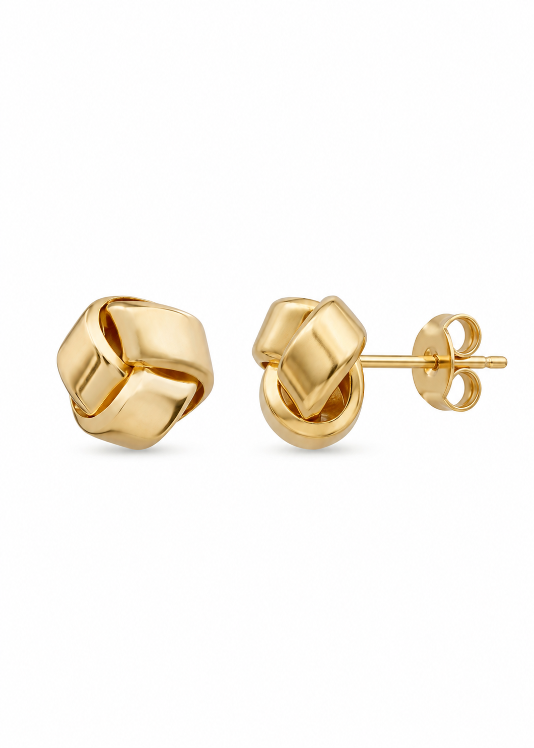 Solid Italian 18K yellow gold Golden Knot Studs, one earring viewed from the front and one from the side, on a white background.