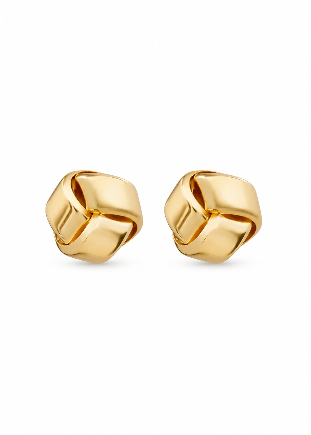 Solid Italian 18K yellow gold Golden Knot Studs, pair viewed from the front, on a white background.
