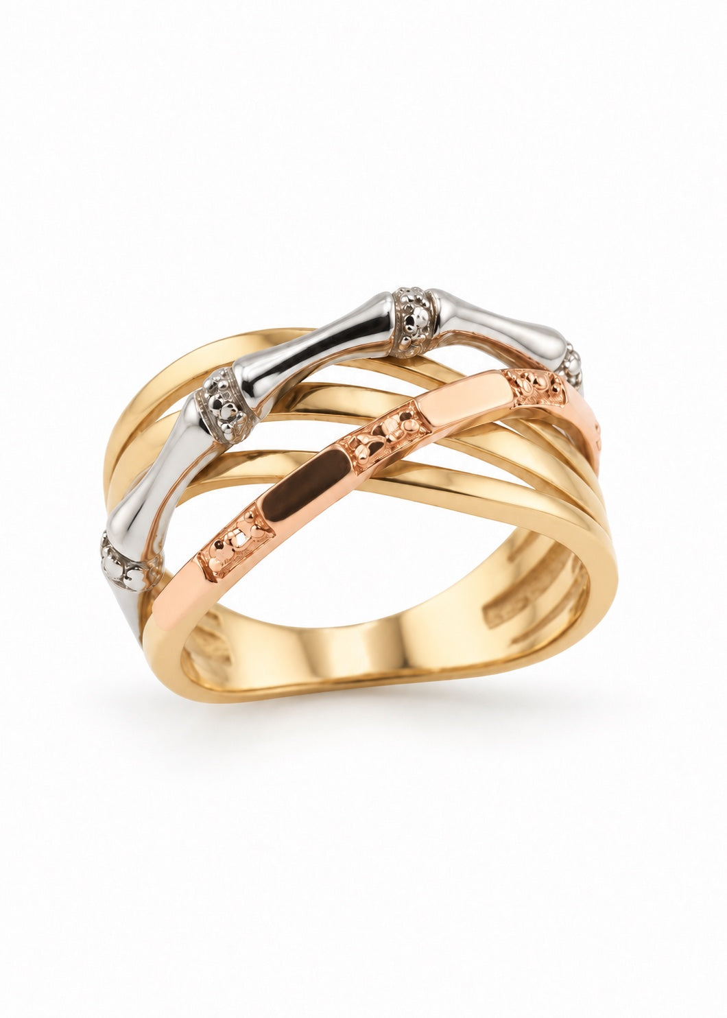Italian 18K tri-color gold Palazzo Interlace Ring with yellow, white and rose gold crossover bands on a white background.