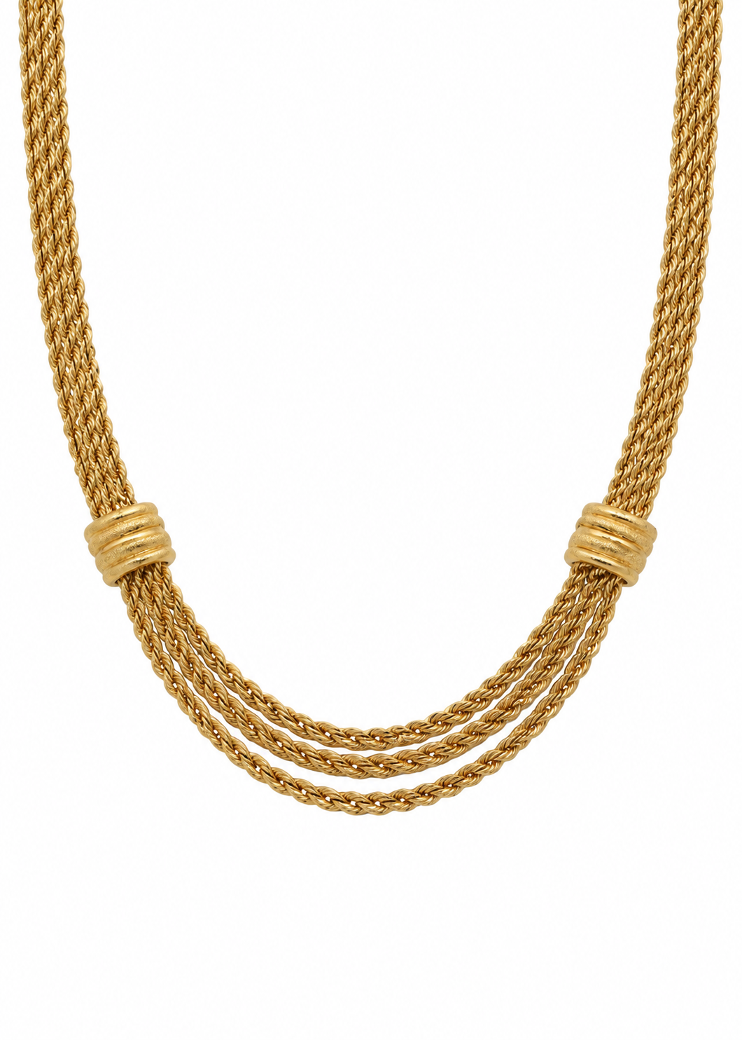 Italian 18K yellow gold layered rope necklace with two ribbed accents, shown hanging against a white background.
