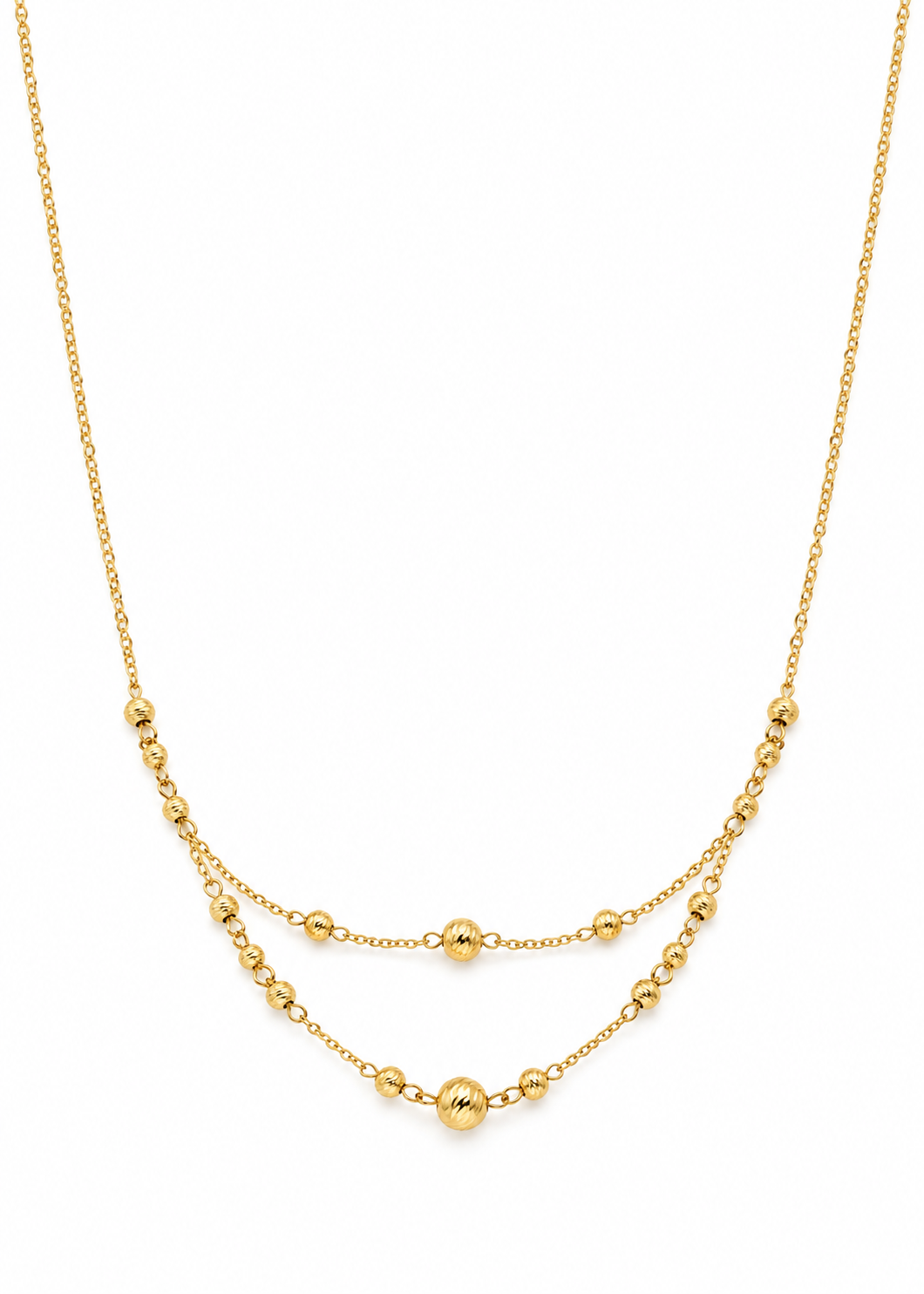 Italian 18K yellow gold Station Necklace with two draped strands and engraved gold beads on a white background.