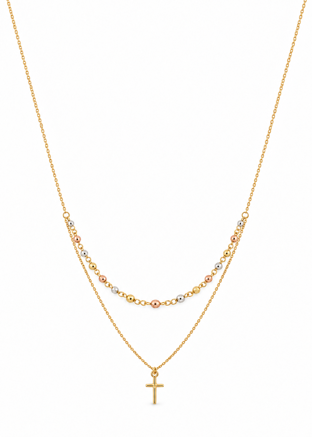 Italian 18K Gold Trinity Cross Necklace with tricolor beads and a yellow gold cross on a white background.